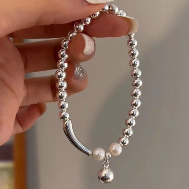 Pulseira de Prata Esterlina 925 com Duas Camadas de Pérolas – Design Coreano e Charme para Mulheres