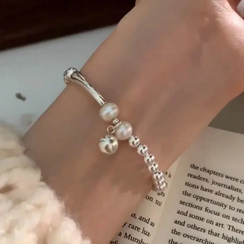 Pulseira de Prata Esterlina 925 com Duas Camadas de Pérolas – Design Coreano e Charme para Mulheres